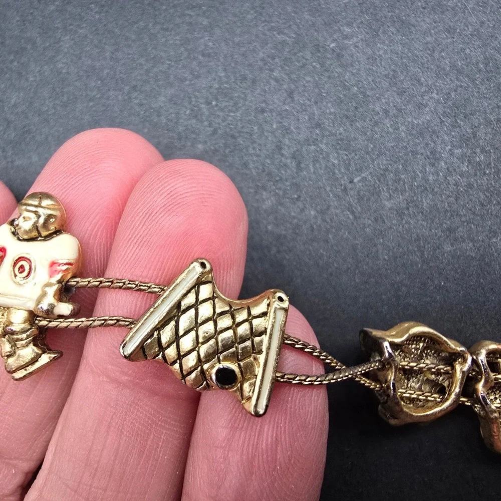 Vintage Gold Tone Ice Hockey Charm Bracelet Enamel Skates Player Net 7.25 Inch